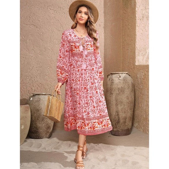 R. Vivimos Pink &‎ Red Tassel Boho Maxi Dress Size S - Picture 2 of 11